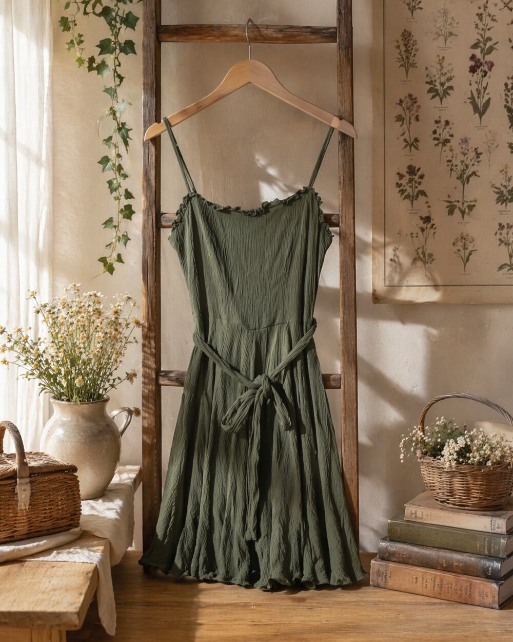 B Darlin Army Green Sz 0 Women's Earthy Front Tie Cottage Farmhouse Mini Dress